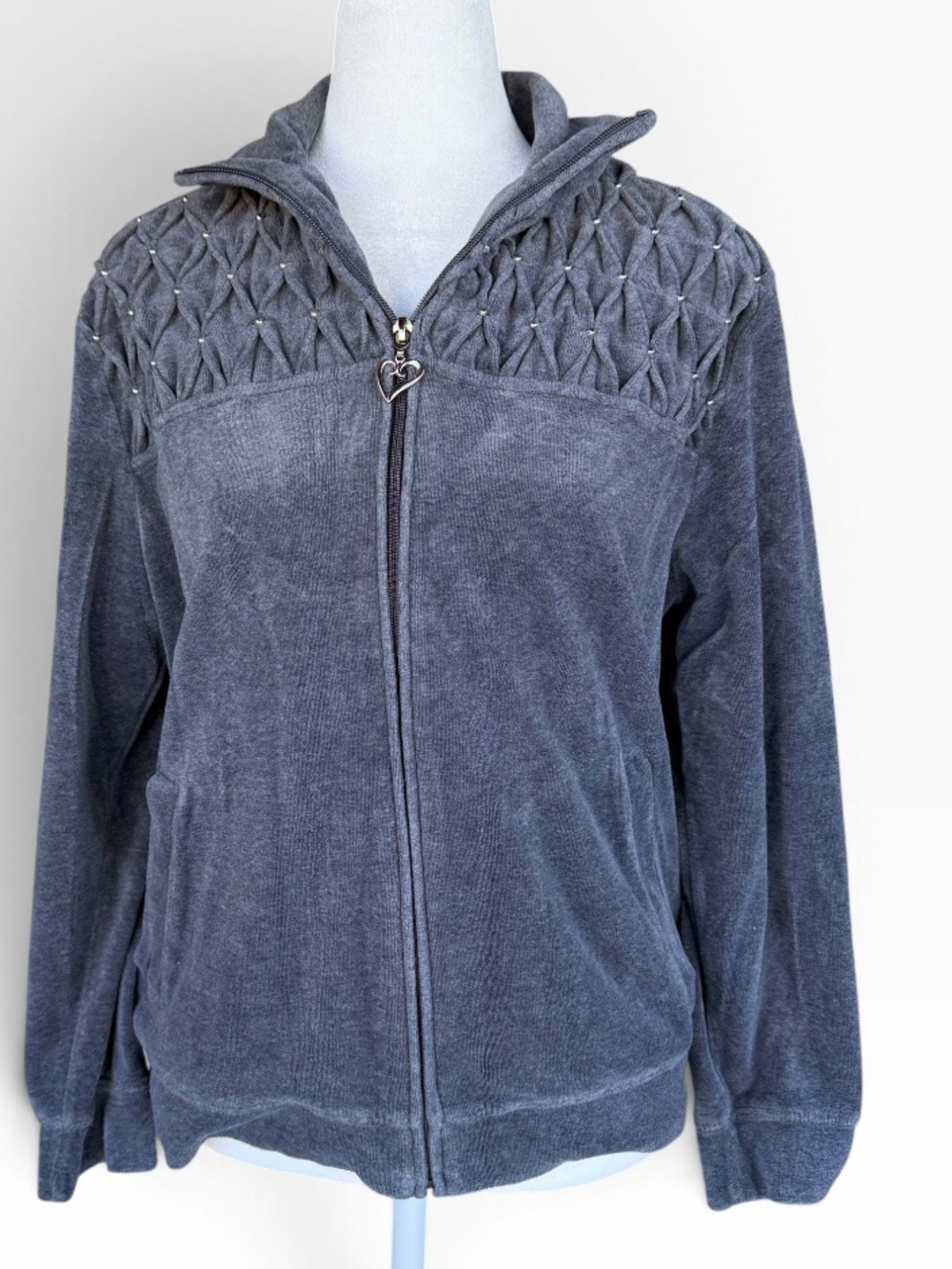 Drapers & Damon Women's Grey Zip-Up Velvet Jacket with silver bling zipper sz PM